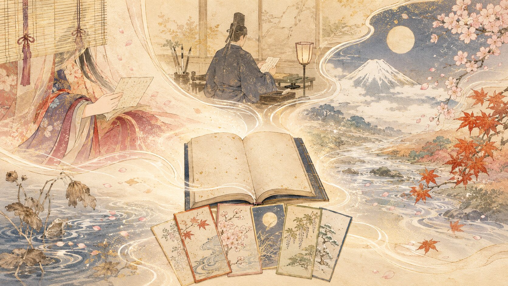 恋や自然や人生のテーマ別に百人一首の有名歌を読む和風イラスト