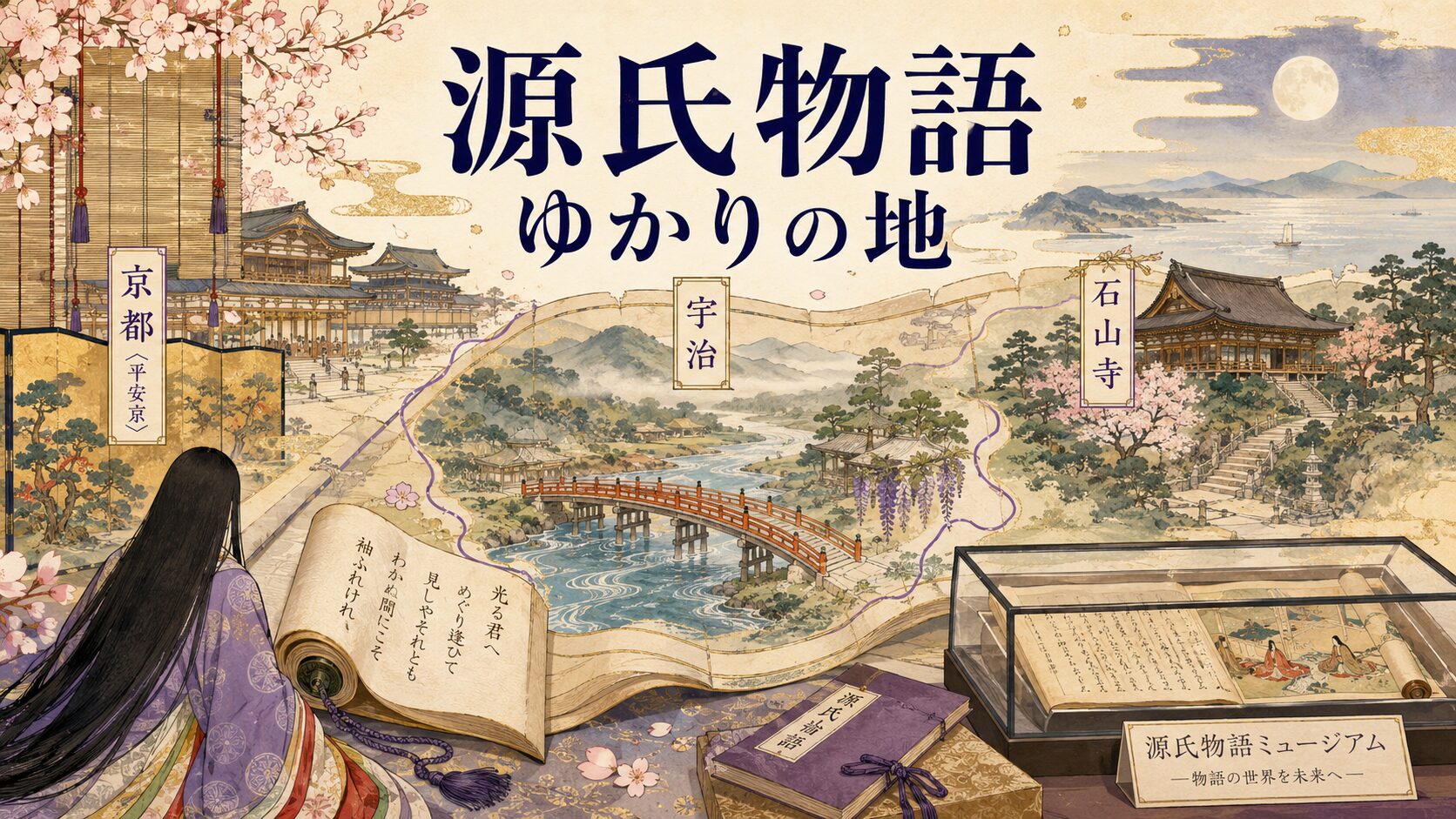 京都・宇治・石山寺をめぐる『源氏物語』ゆかりの地の和風イラスト